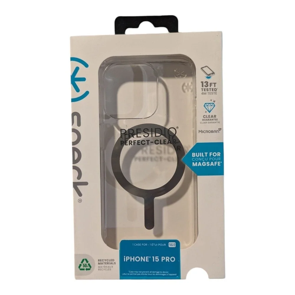 D6. Speck Presidio Perfect-Clear Case for iPhone 15 Pro, W/Chrome & Magsafe